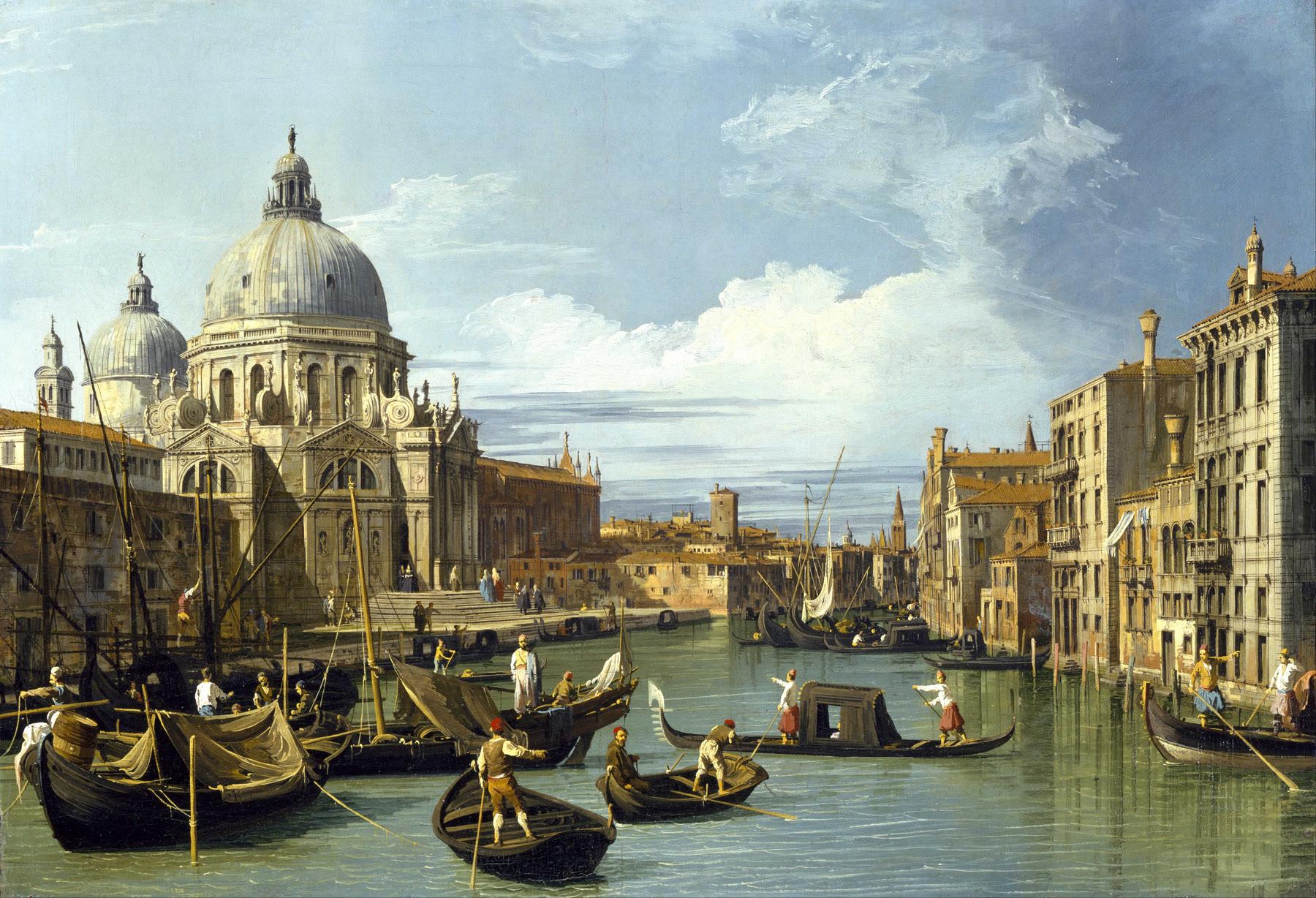 Canaletto's painting of the entrance to the Grand Canal in Venice, palace façades in pale stone-coloured render lining the water under a wide sky