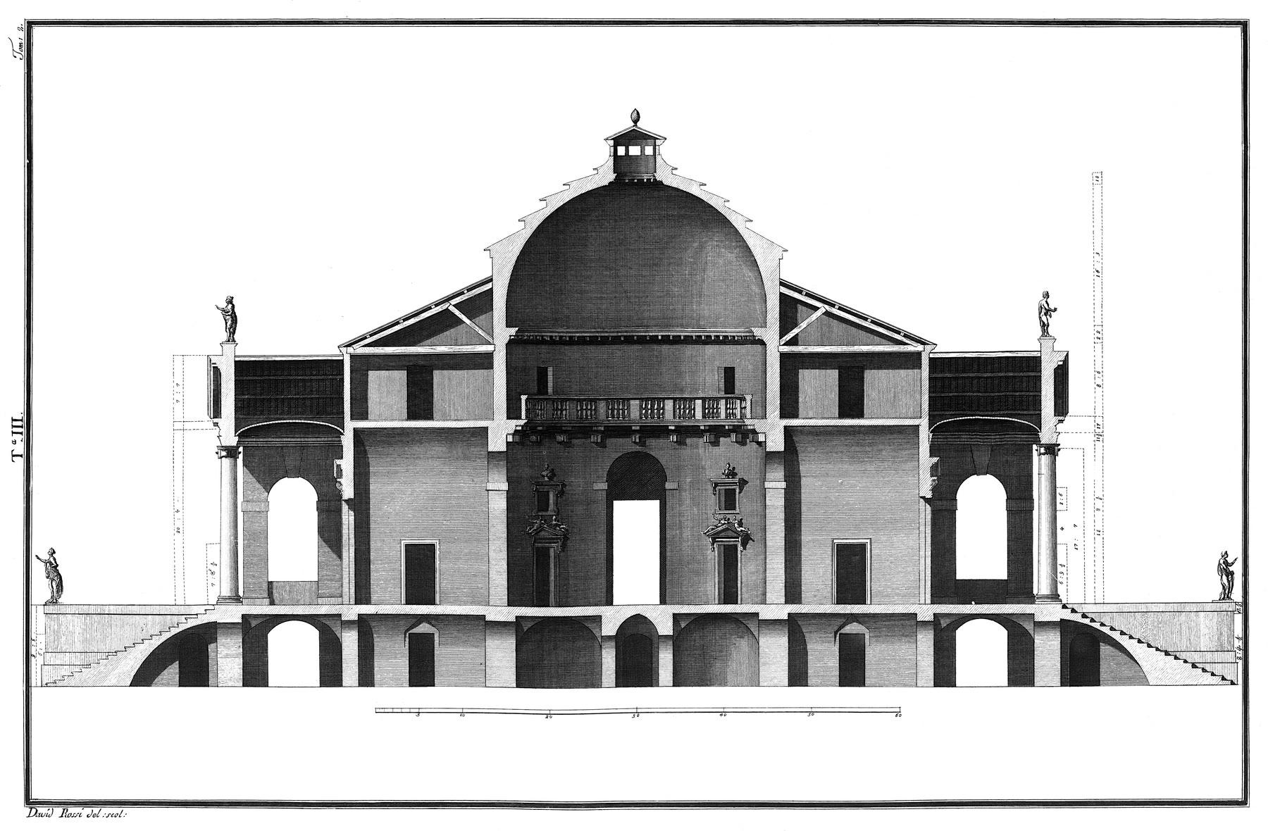 Engraved elevation and section of Villa Capra, La Rotonda, near Vicenza, showing its domed centre and four identical porticos