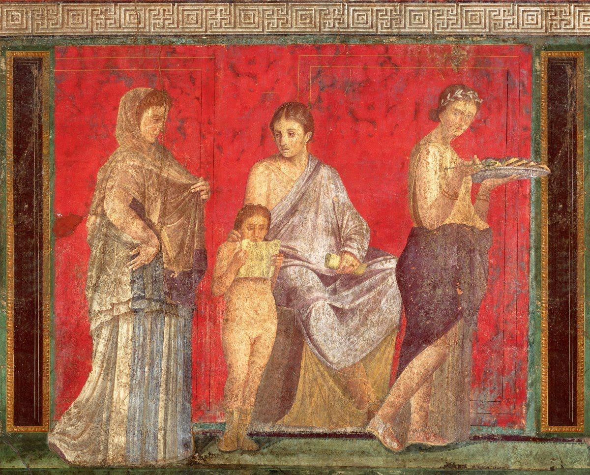 Roman wall painting from the Villa dei Misteri at Pompeii, deep red panels bordered in black, painted onto polished lime plaster